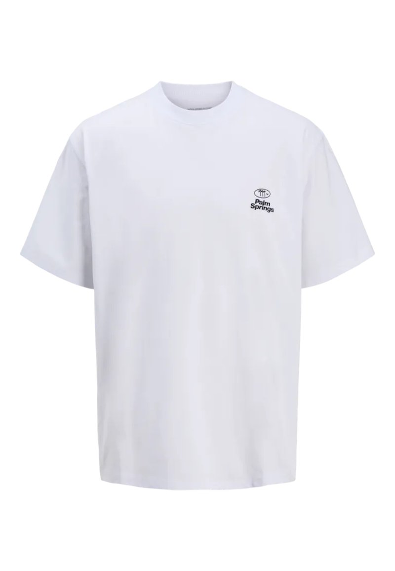 T-shirt en coton blanc à manches courtes, col rond, avec un petit logo noir "Palm Springs" sur le côté gauche.