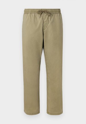 Pantalon couleur khaki avec une ceinture élastique et un cordon de serrage, présentant une texture lisse et une coupe droite.