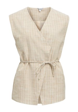 Gilet beige sans manches à fines rayures blanches, design croisé en V et ceinture nouée à la taille, en tissu léger.