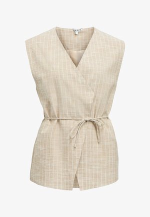 Mouwloze beige gilet met witte krijtstrepen, V-hals overslag ontwerp en een gestrikte ceintuur in de taille, gemaakt van lichtgewicht stof.