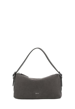 Dark gray suede handbag with a single strap, silver buckle details on sides, and small silver "abro" logo on the front center.