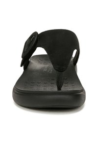 Zwarte slippersandalen met een zachte suede band, een gestructureerde voetbed en een minimalistisch ontwerp. Heeft een teenslipperstijl voor een veilige pasvorm.