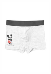 Boxer in cotone grigi con elastico nero in vita e stampa di Topolino che tiene un palloncino rosso sul lato sinistro.