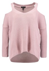 Pull en tricot rose clair avec une conception d'épaule ouverte, des manches longues et un ourlet asymétrique en tissu texturé.