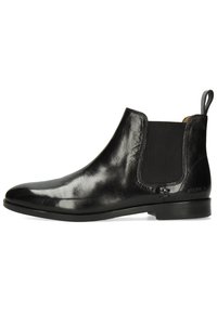 Bota Chelsea de cuero negro con panel lateral elástico, tacón bajo, tira en la parte trasera y acabado pulido suave.