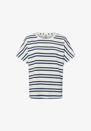 Weißes kurzärmeliges Hemd mit horizontalen schwarzen und hellblauen Streifen, Rundhalsausschnitt und regulärer Passform.