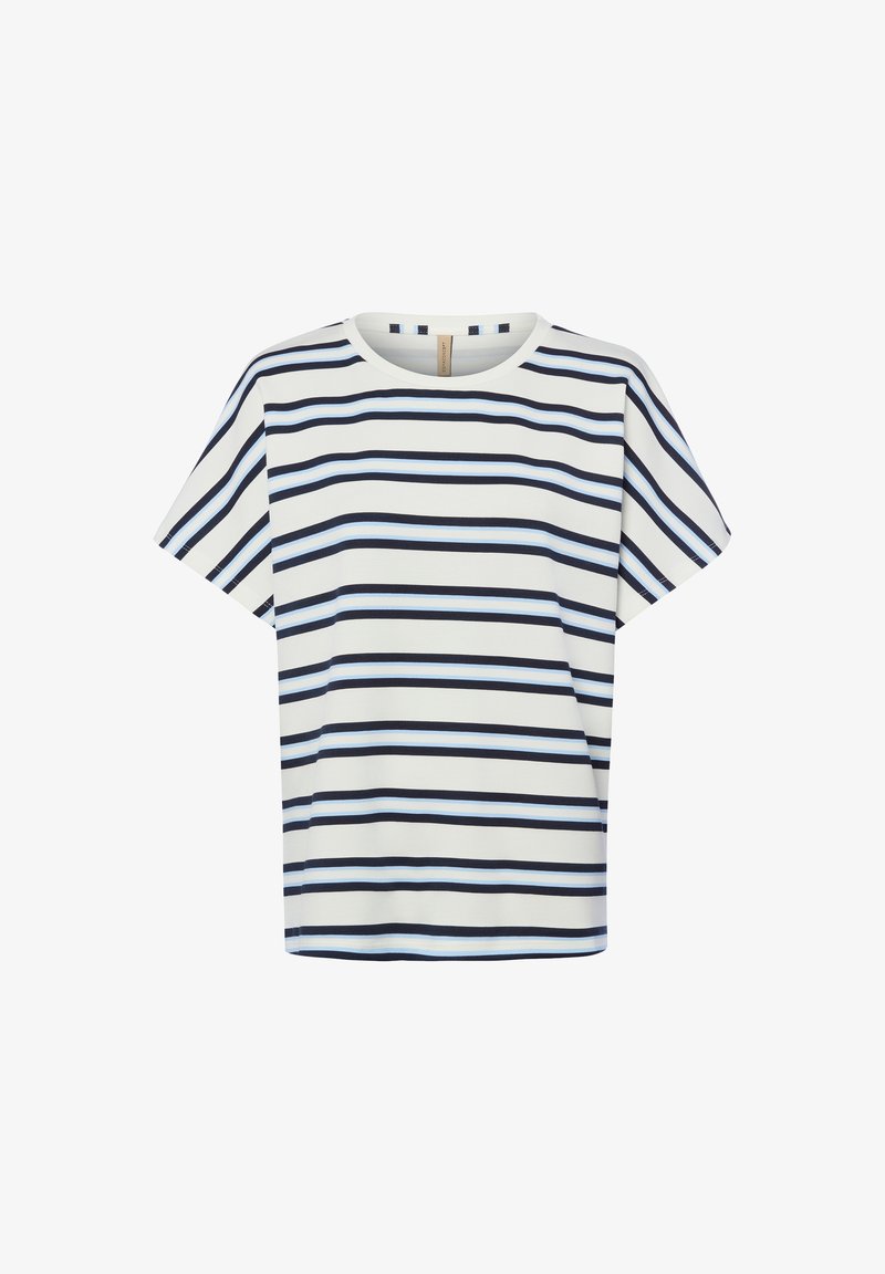 Chemise blanche à manches courtes avec des rayures horizontales noires et bleu clair, col rond, coupe régulière.