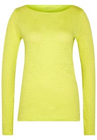 Haut à manches longues de couleur jaune vif, fabriqué en tissu doux et texturé, avec un col rond et une silhouette ajustée.