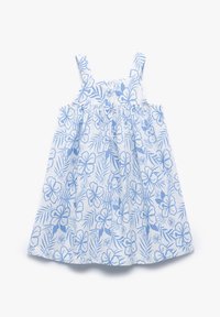 Baumwollkleid mit blauen Blumenmustern auf einem weißen Hintergrund, mit dünnen Trägern und einem gerafften Taillendesign.