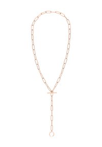 Rose guld halskæde med forlængede kædelinker, en toggle-lås og en hængende løkke i bunden. Strømlinet og moderne design.