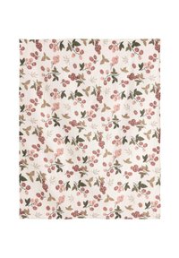 Floral-patterned fabric in soft white, featuring pink and burgundy flowers with green leaves. Textured, lightweight, and versatile design.