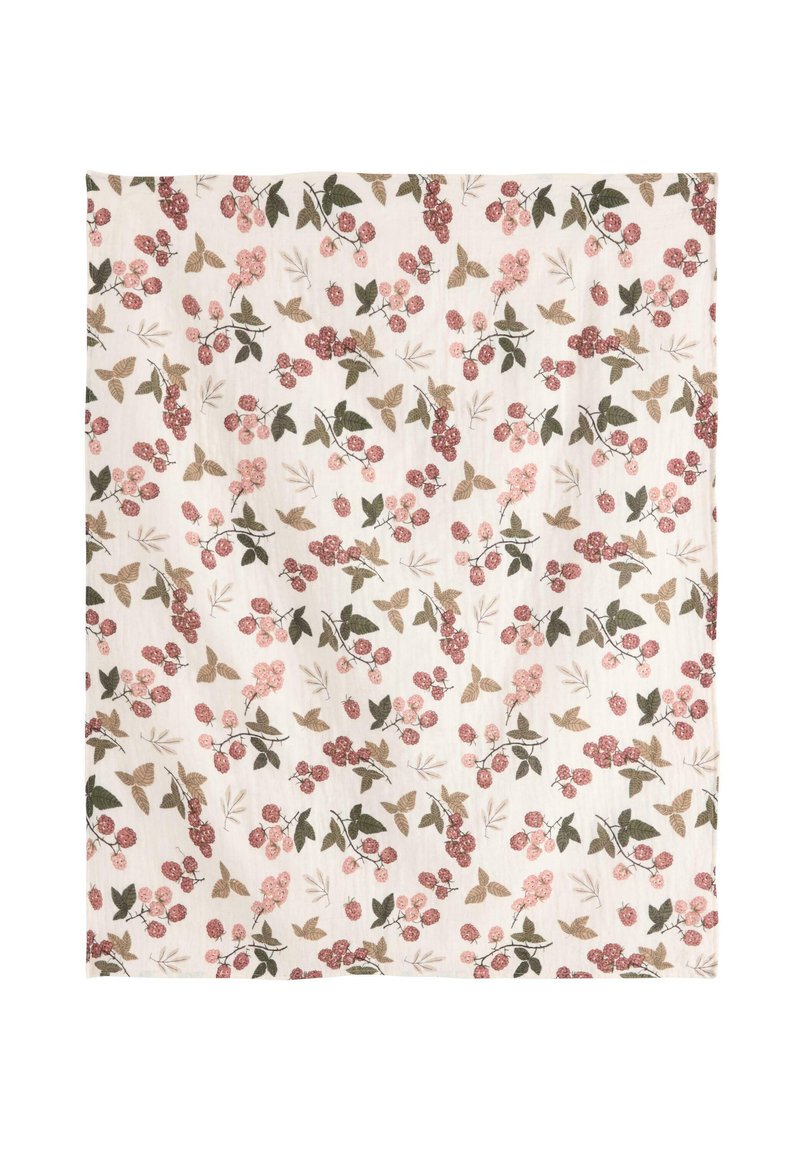 Floral-patterned fabric in soft white, featuring pink and burgundy flowers with green leaves. Textured, lightweight, and versatile design.