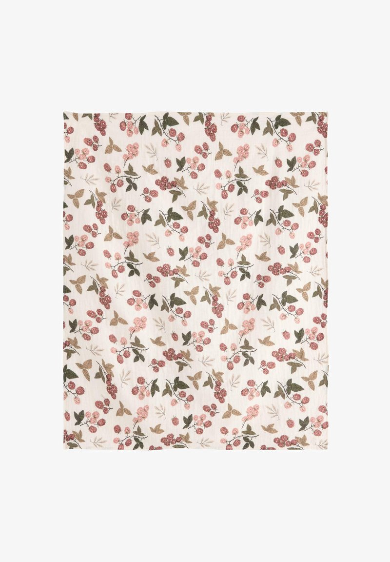 Blomsterpræget stof i blød hvid, med rosa og burgunder blomster samt grønne blade. Tekstureret, letvægts og alsidigt design.