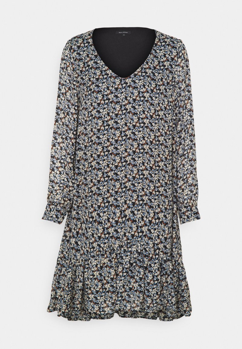 Robe imprimée fleurie sur fond bleu marine, avec un décolleté en V, des manches longues et un ourlet à volants. Confectionnée en tissu léger et fluide.