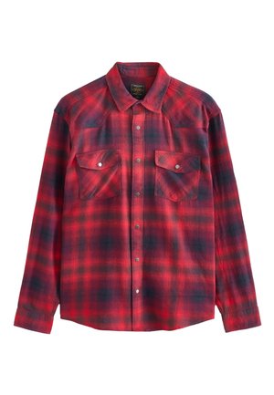 Crvena i crna karo flanel košulja s dugim rukavima, dva džepa na prsima s kopčama na drukere i šiljastim ovratnikom. Mekana tekstura, prednji dio s gumbima.