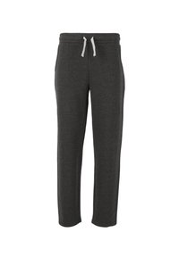 Donkergrijze joggingbroek van zachte stof, met een elastiche tailleband en witte trekkoordjes, en taps toelopende benen. Inclusief twee zijzakken.