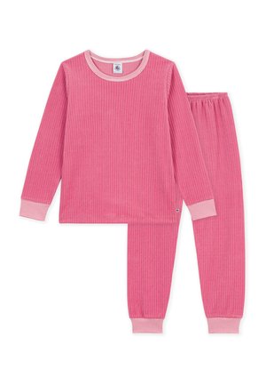 Roze longovertrek pyjama set voor kinderen met geribbelde textuur, gestreepte boorden en halslijn, en elastische tailleband bij de broek.