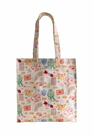 Torba na ramię z uchwytami, zdobiona pastelowym wzorem walentynkowym z amorkami, sercami, kwiatami, kartami do gry i miłosnymi notatkami na kremowym tle.