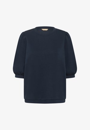 Mørkeblå top med korte ærmer og rund halsudskæring samt puffede ærmer. Fremstillet i blødt materiale; afslappet pasform med lige kant.