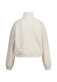 Cropped sweatshirt in light beige, featuring a high collar and long, loose sleeves. Made from a soft, textured fabric with a subtle heather pattern.