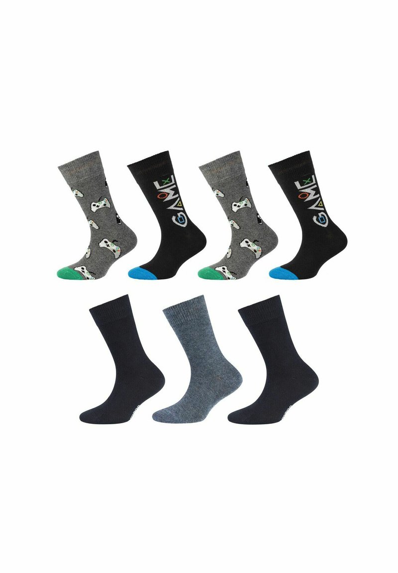 Fire par sokker arrangeret i to rækker. Øverste række: sorte med gaming grafik, grå med gaming controllere; nederste række: ensfarvede marineblå og grå sokker.