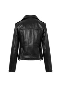 Giacca da moto in pelle nera con colletto strutturato, design aderente e tasche laterali con zip. Texture liscia con dettagli di cucitura in vista.