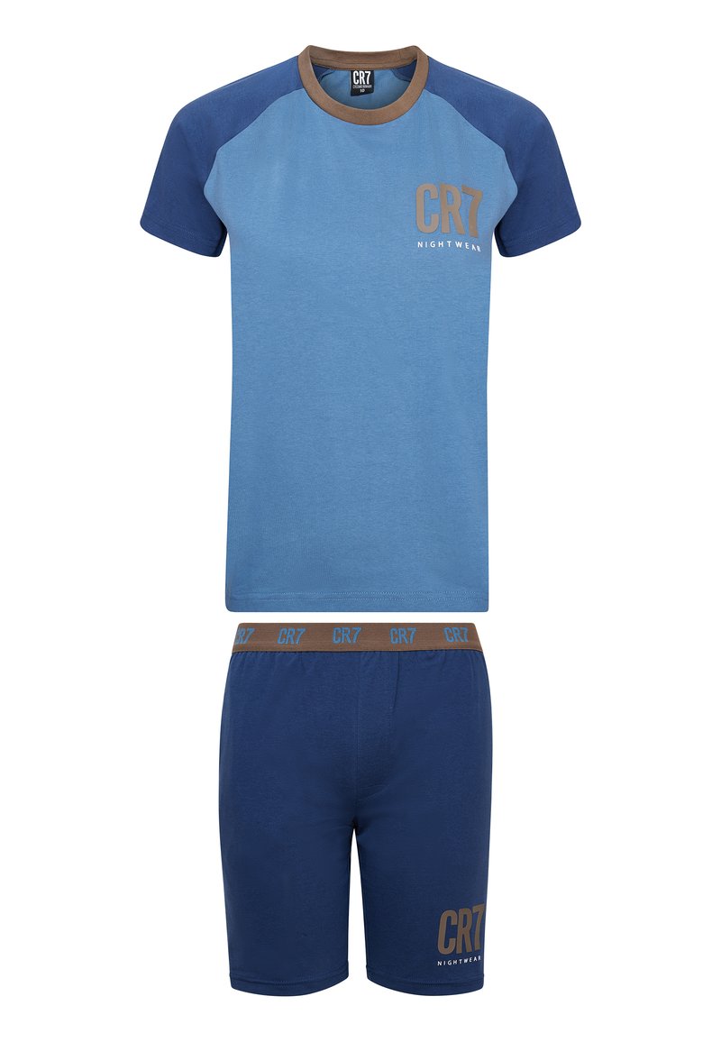 Niebieska bawełniana koszulka z brązowymi akcentami i logo, zestawiona z pasującymi granatowymi szortami z podobnym logo na pasku.