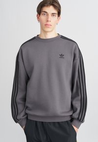 Grå sweatshirt med svarta tre-stripsdetaljer på ärmarna. Har en rund halsringning och broderad Adidas-logga på bröstet. Material av bomullsblandning.