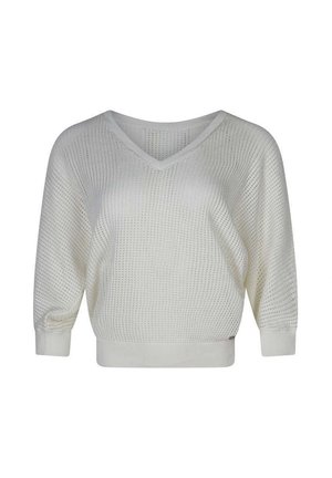 Pull blanc en maille avec col en V, manches trois quarts, et poignets et ourlet côtelés.