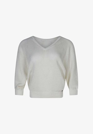 Pull blanc en maille avec col en V, manches trois quarts, et poignets et ourlet côtelés.