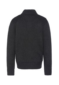 Ciemnoszary sweter dzianinowy z prążkowanym kołnierzem i mankietami. Posiada fakturowany wzór na ramionach oraz małe logo na rękawie.