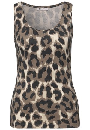 Top senza maniche da donna con scollo a U, caratterizzato da una fantasia leopardata nei toni del marrone, beige e nero.