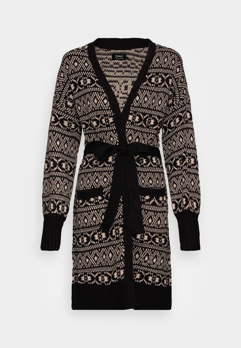 Schwarze und beige gemusterte Strickjacke mit Bindegürtel, langen Ärmeln und gerippten Bündchen. Verfügt über komplizierte geometrische und florale Muster.
