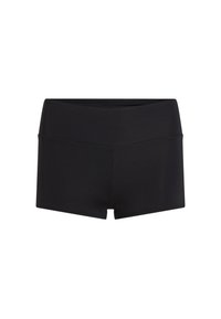 Sorte elastiske shorts med flat midje. Designet har en glatt tekstur og en minimalistisk stil, passende for aktiv bruk.