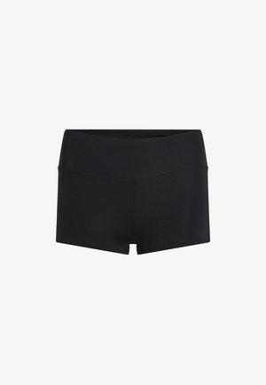 Mustat elastiset shortsit tasaisella vyötäröllä. Suunnittelu sisältää sileän pinnan ja minimalistisen tyylin, sopii aktiiviseen käyttöön.