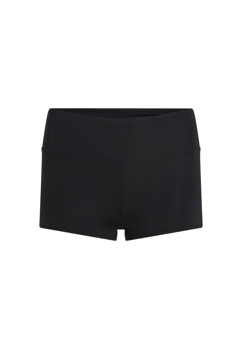 Shorts élastiques noirs avec une taille plate. Le design présente une texture lisse et un style minimaliste, adapté pour les vêtements de sport.