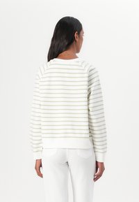 Randig sweatshirt med ett mönster i vitt och ljust grönt, raglanärmar, rund halsringning och ribbad nederkant. Bakifrån visas en minimalistisk design.