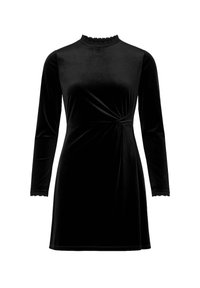 Robe en velours noir à manches longues avec un col haut à volants, un détail noué à la taille et des poignets à volants.