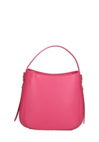 Roze leren handtas met een afgeronde bovenkant, enkele handgreep en een gladde textuur. Heeft een subtiele, gestikte rand en een platte bodem.