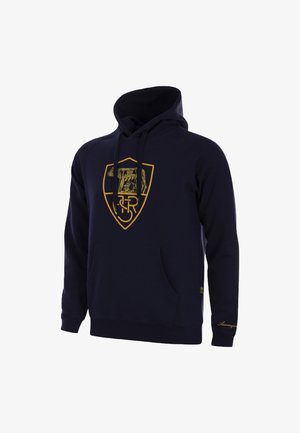 Donkerblauwe hoodie met een voorzak in kangoeroestijl, gouden logo op de borst, capuchon met trekkoord en een textuurstof. Gouden accentdetails op de mouw.