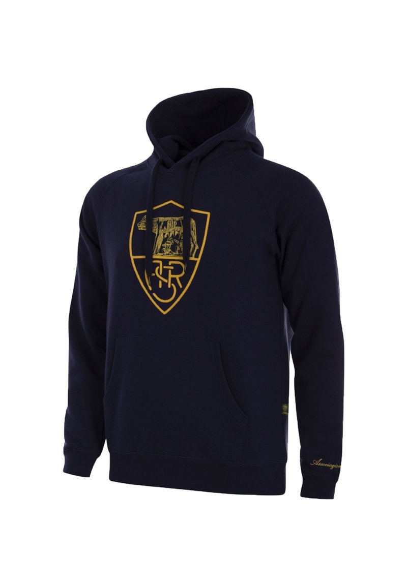 Donkerblauwe hoodie met een voorzak in kangoeroestijl, gouden logo op de borst, capuchon met trekkoord en een textuurstof. Gouden accentdetails op de mouw.