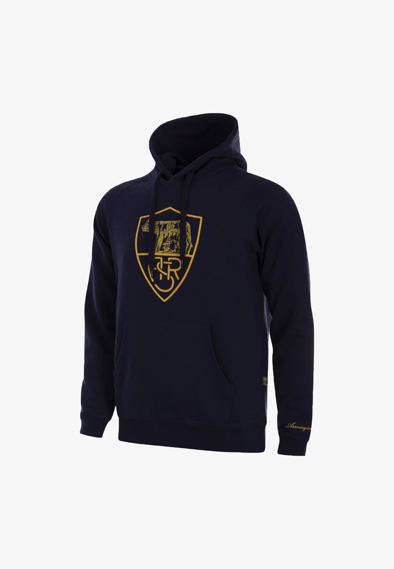 Donkerblauwe hoodie met een voorzak in kangoeroestijl, gouden logo op de borst, capuchon met trekkoord en een textuurstof. Gouden accentdetails op de mouw.