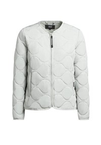Lichtgrijze gewatteerde jas met een ronde halslijn, ritssluiting en golfpatroon. Voorzien van een merketiket en zijzakken.
