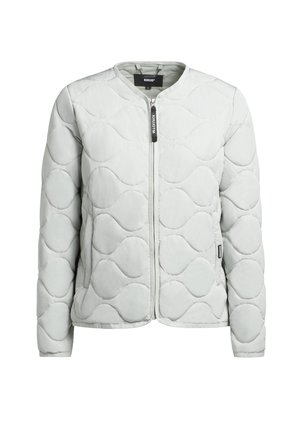 Jachetă acoladă gri deschis, cu guler rotund, închidere cu fermoar și model în valuri. Include un logo și buzunare laterale.