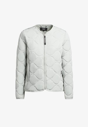 Lichtgrijze gewatteerde jas met een ronde halslijn, ritssluiting en golfpatroon. Voorzien van een merketiket en zijzakken.