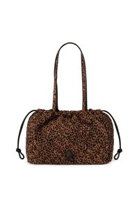 Sac en tissu imprimé léopard avec un haut froncé et des accents en cuir noir, doté de deux longues poignées et d'une fermeture à cordon.