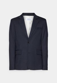 Navy blazer made from textured fabric, featuring a single button closure, two front pockets, and a notched lapel design.