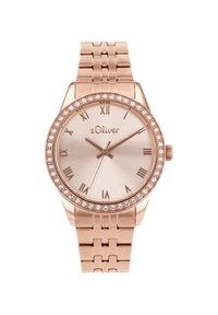 Roségoldene Metalluhr mit rundem Ziffernblatt, römischen Ziffern, strukturiertem Zifferblatt und einem mit Kristallen besetzten Gehäuse; ausgestattet mit einem Gliederarmband.