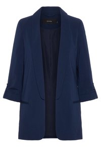 Granatowa, dopasowana marynarka z kołnierzem szalowym, rękawami do połowy przedramienia oraz pojedynczym guzikiem na mankietach. Gładka tekstura materiału.