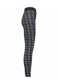 Czarne legginsy z powtarzającym się szarym wzorem logo Nike. Wysoki pas, elastyczny materiał i dopasowany fason zapewniający komfort i swobodę ruchów.